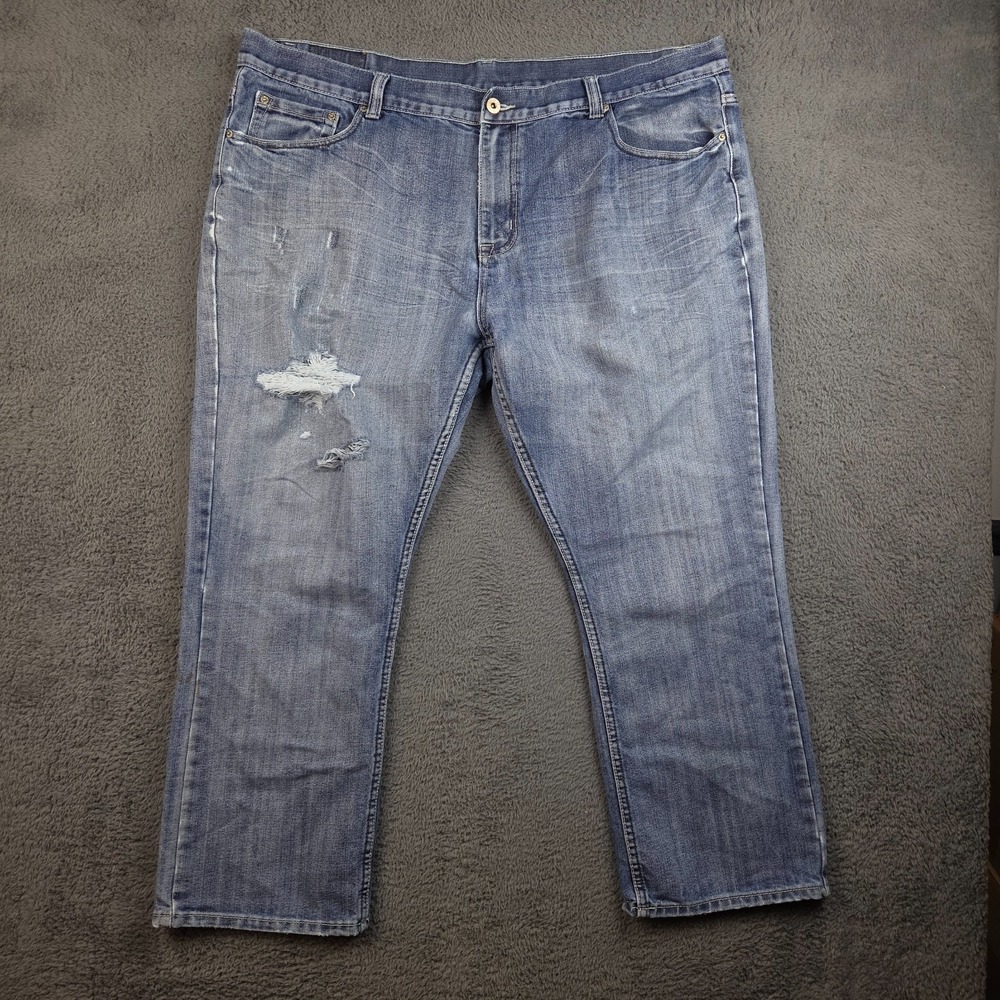 Flypaper Jeans Men's 46x30 Relaxed Fit Straight Blue Denim Pants Distressed